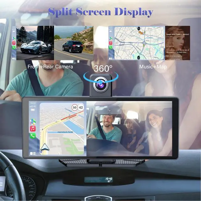 Alt view image 3 of 6 - 10.26" Wireless Portable Carplay Screen CarPlay & Android Auto Car Stereo 360 Rotation 4K Dash Cam 1080p Rear Camera Mirror Link Voice Control GPS Navigation(SD Card Excluded)