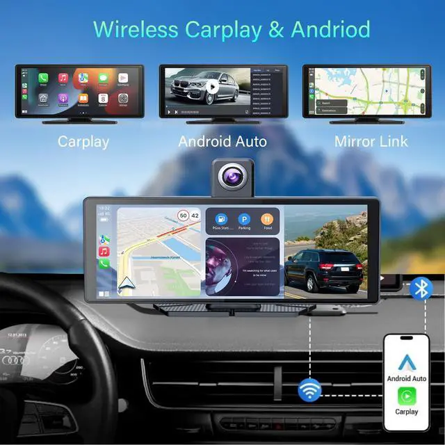 Alt view image 4 of 6 - 10.26" Wireless Portable Carplay Screen CarPlay & Android Auto Car Stereo 360 Rotation 4K Dash Cam 1080p Rear Camera Mirror Link Voice Control GPS Navigation(SD Card Excluded)