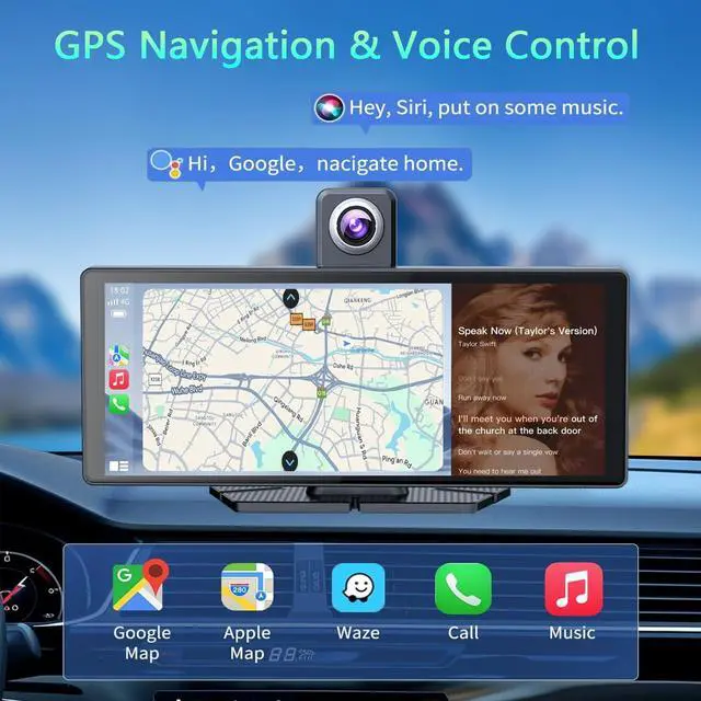 Alt view image 5 of 6 - 10.26" Wireless Portable Carplay Screen CarPlay & Android Auto Car Stereo 360 Rotation 4K Dash Cam 1080p Rear Camera Mirror Link Voice Control GPS Navigation(SD Card Excluded)