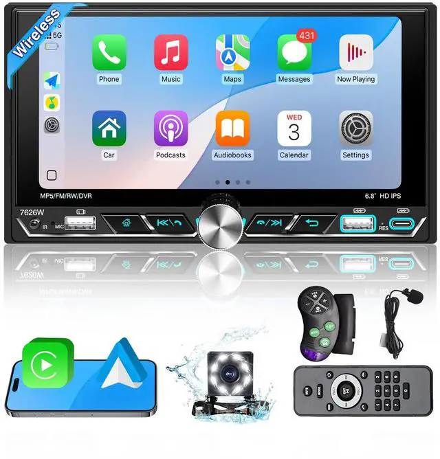 Main image of Double Din Car Stereo 6.8" Touch Screen with Apple CarPlay & Android Auto, Physical Knob Control, Bluetooth 5.0, Wireless Apple Car Play Radio, MirrorLink, FM/AM, Backup Camera, USB/Type-C