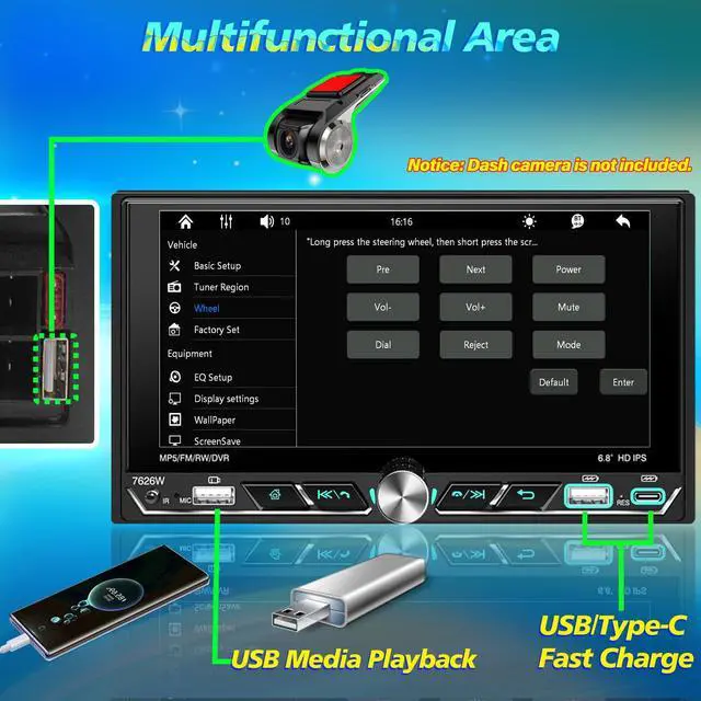 Alt view image 6 of 6 - Double Din Car Stereo 6.8" Touch Screen with Apple CarPlay & Android Auto, Physical Knob Control, Bluetooth 5.0, Wireless Apple Car Play Radio, MirrorLink, FM/AM, Backup Camera, USB/Type-C