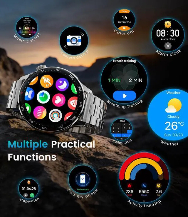 Alt view image 5 of 6 - Smart Watch for Men(Answer/Make Calls), 1,7'' HD Large Screen Men's Smartwatch with 800mAh Batterry/Flashlight/Heart Rate/Sleep Monitor/100+ Sport Modes, IP68 Waterproof Fitness Watch, Black