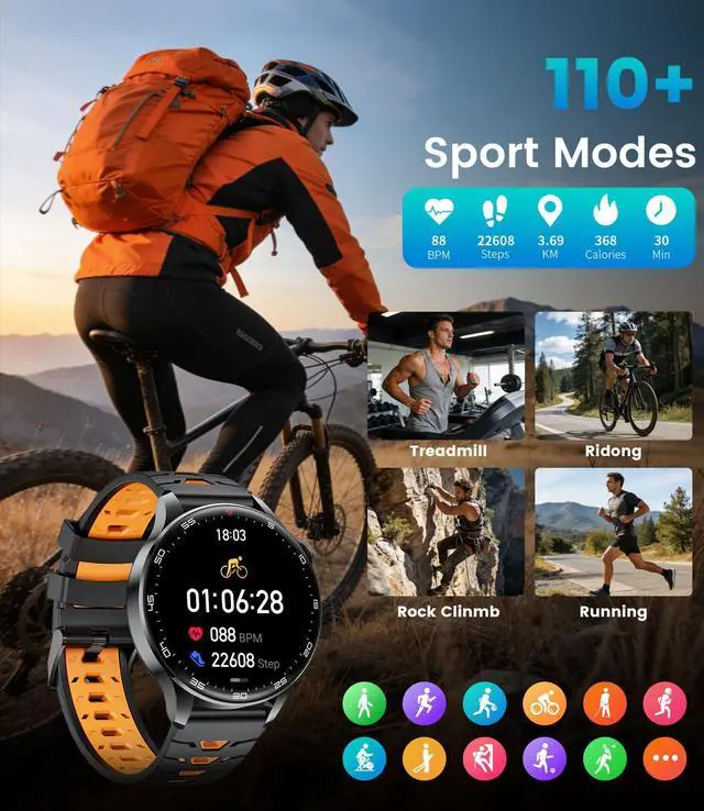 Alt view image 6 of 6 - Smart Watch for Men(Answer/Make Calls), 1,7'' HD Large Screen Men's Smartwatch with 800mAh Batterry/Flashlight/Heart Rate/Sleep Monitor/100+ Sport Modes, IP68 Waterproof Fitness Watch, Black