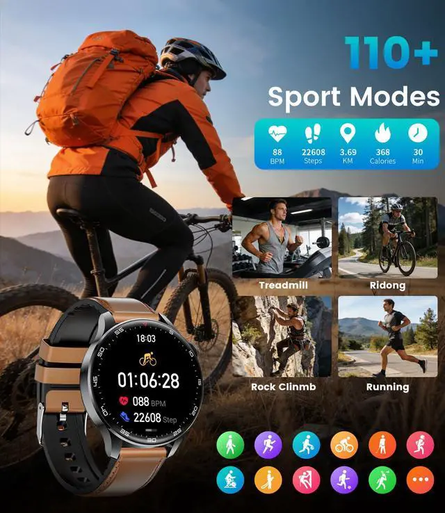 Alt view image 4 of 6 - Smart Watch for Men, 1,7'' HD Large Screen Men's Smartwatch with 800mAh Batterry/Flashlight/Heart Rate/Sleep Monitor/100+ Sport Modes, IP68 Waterproof Fitness Watch