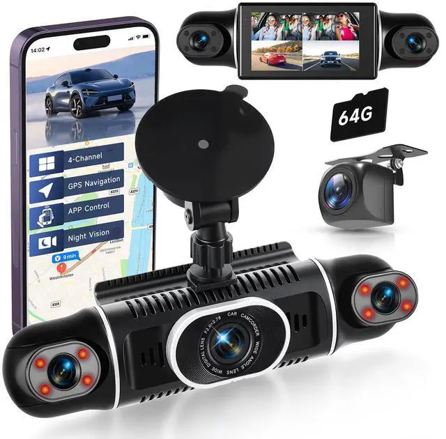 Main image of 4 Channel Dash Cam with Front Rear Left Right Cameras, 360° Car Camera System for Driving & Parking, Night Vision, Parking Monitor, G-Sensor, Loop Recording, Multi-Camera Dashcam+64GB Card