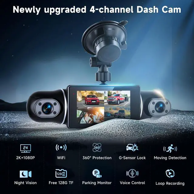 Alt view image 2 of 6 - 4 Channel Dash Cam with Front Rear Left Right Cameras, 360° Car Camera System for Driving & Parking, Night Vision, Parking Monitor, G-Sensor, Loop Recording, Multi-Camera Dashcam+64GB Card