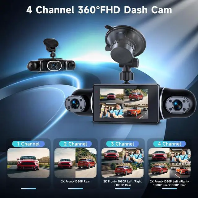 Alt view image 4 of 6 - 4 Channel Dash Cam with Front Rear Left Right Cameras, 360° Car Camera System for Driving & Parking, Night Vision, Parking Monitor, G-Sensor, Loop Recording, Multi-Camera Dashcam+64GB Card