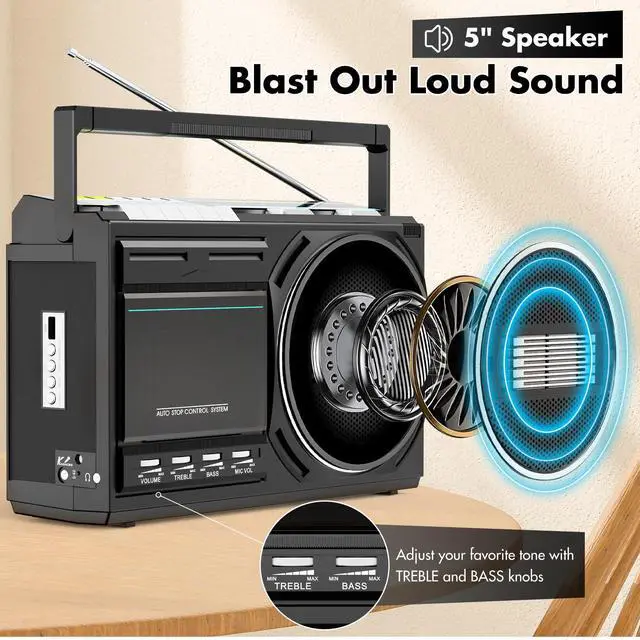 Alt view image 2 of 6 - Cassette Player Recorder Boombox with Bluetooth, USB & FM/AM/SW | Portable Boom Box Radios, Retro Tape/USB Converter, Earphone Jack, Built-in MIC for Voice Recording, Sound Amplifier - DC/AC