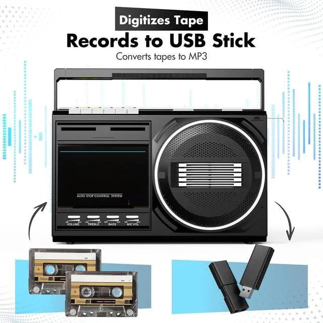 Alt view image 4 of 6 - Cassette Player Recorder Boombox with Bluetooth, USB & FM/AM/SW | Portable Boom Box Radios, Retro Tape/USB Converter, Earphone Jack, Built-in MIC for Voice Recording, Sound Amplifier - DC/AC