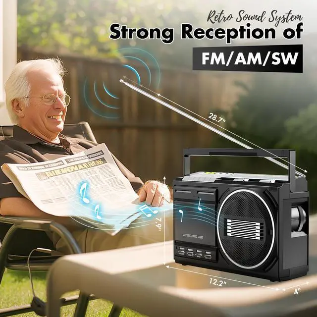 Alt view image 5 of 6 - Cassette Player Recorder Boombox with Bluetooth, USB & FM/AM/SW | Portable Boom Box Radios, Retro Tape/USB Converter, Earphone Jack, Built-in MIC for Voice Recording, Sound Amplifier - DC/AC