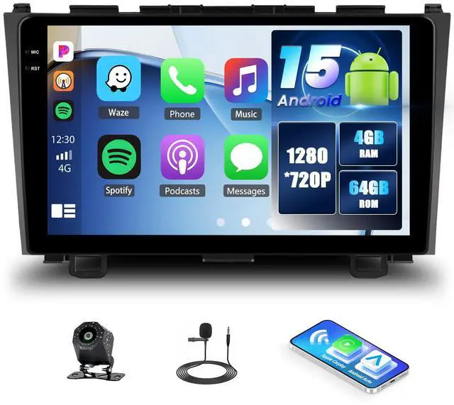 Main image of Android 15 4G+64G for Honda CRV 2007-2011 Car Stereo Radio with Wireless CarPlay Android Auto, 9 1280 * 720P IPS Touchscreen, 32-EQ Bluetooth 5.0, GPS, WiFi,FM/RDS AHD Rear Camera, SWC USB+MIC