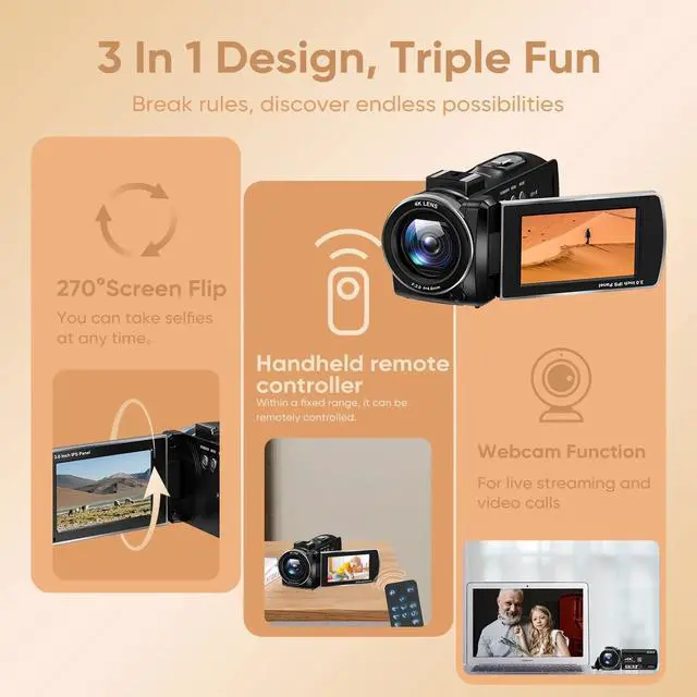 Alt view image 5 of 6 - 4K Video Camera Z36-1080P 30FPS Camcorder with IR Night Vision for YouTube, 3" HD Screen 18X Digital Zoom Vlogging Camera with Fill Light,32G Card, Remote, 2 Batteries