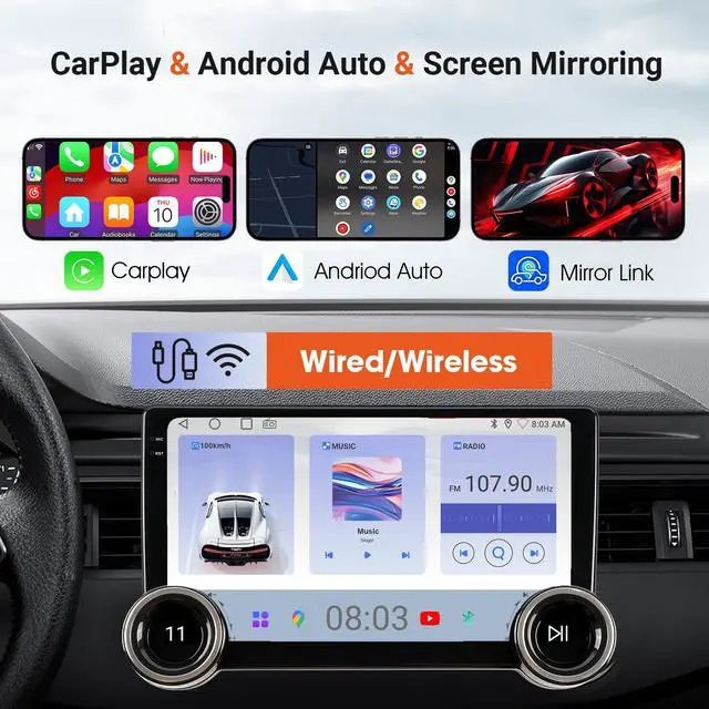 Alt view image 2 of 6 - 10.1" Wireless CarPlay & Android Auto Car Stereo - 2GB RAM 64GB ROM, DSP Sound, 1080P Backup Camera, Bluetooth 5.0, HD Touchscreen Media Receiver