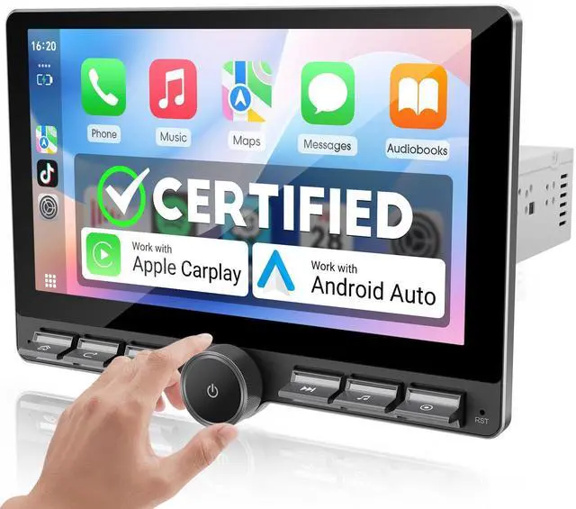 Main image of 10.1 Inch Single DIN Car Stereo with Wireless Apple CarPlay & Android Auto, Floating Touchscreen Radio with Bluetooth, GPS, Physical Buttons & Volume Knob, Backup Camera Support