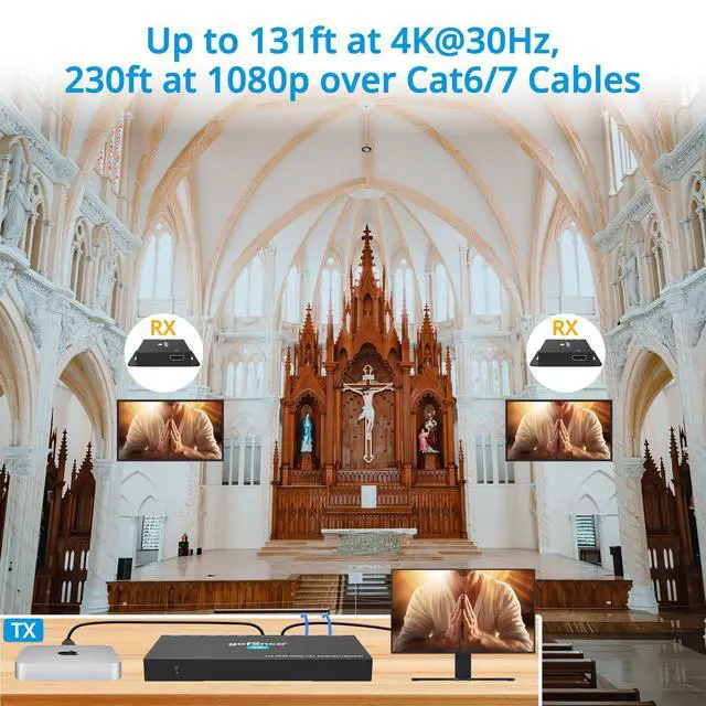 Alt view image 5 of 6 - 4K 1x2 HDMI Extender Splitter Over CAT6/7 131ft (40m) at 4K 30Hz, 230ft (70m) at 1080p, HDCP 1.4, Poc, IR, HDMI Loopout, RS232 Control, Surge/Lightning/ESD Protection (HD14Ext-2P v2.0)