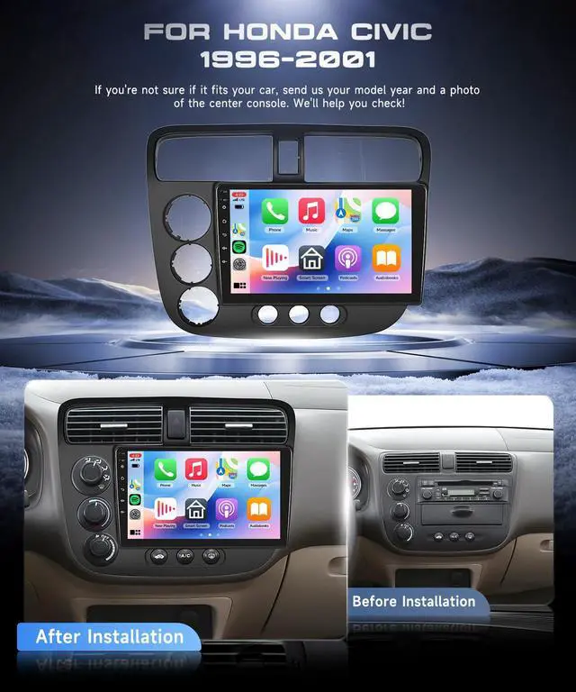 Alt view image 2 of 6 - 4G+64G 5G WiFi Android 15 Car Stereo for Honda Civic 2001-2005 with Wireless Carplay Android Auto, 9 Inch IPS Touch Screen GPS/Bluetooth 5.0/ FM/32EQ/ SWC/Backup Camera