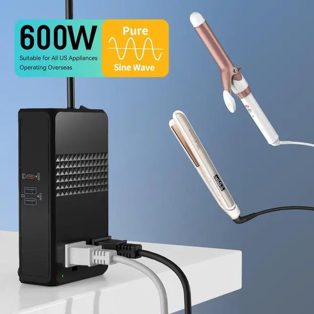 Alt view image 3 of 6 - 600W 220V to 110V Voltage Converter, Voltage Converter US to Europe International Travel with 48W GaN USB Charger, Power Any American Appliances Overseas Like Hair Straightener, Curling Irons