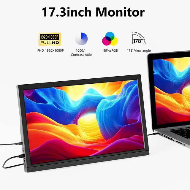 Alt view image 2 of 6 - 17.3inch Portable Monitor for Laptop FHD 1920x1080P 60HZ with Speaker HDMI USB-C Extent PC Monitor Compatible with Computer Xbox Switch mini PC PS4/5 Mac