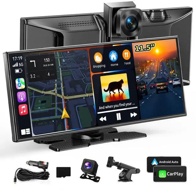 Main image of Largest 11.5" Portable Carplay Screen for Car, 4K Wireless Car Play & Android Auto, Upgrade Touchscreen with Dash Cam, App Control/Loop Recording/Backup Camera/Mirror Link/GPS/FM for All Vehicles