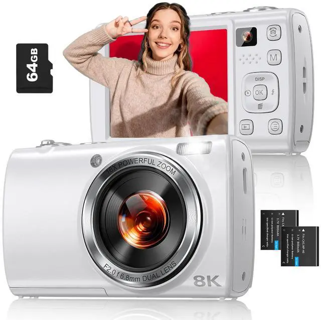 Main image of 8K Digital Camera for Photography, 88MP WiFi Vlogging Camera for YouTube with Front Rear Lens, Autofocus, 16X Zoom, Compact Travel Cameras with Flash, Touch Screen, 64GB Card, 2 Batteries(White)
