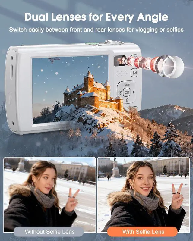 Alt view image 3 of 6 - 8K Digital Camera for Photography, 88MP WiFi Vlogging Camera for YouTube with Front Rear Lens, Autofocus, 16X Zoom, Compact Travel Cameras with Flash, Touch Screen, 64GB Card, 2 Batteries(White)