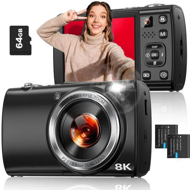 Main image of 8K Digital Camera for Photography, 88MP WiFi Vlogging Camera for YouTube with Front Rear Lens, Autofocus, 16X Zoom, Compact Travel Cameras with Flash, Touch Screen, 64GB Card, 2 Batteries(Black)