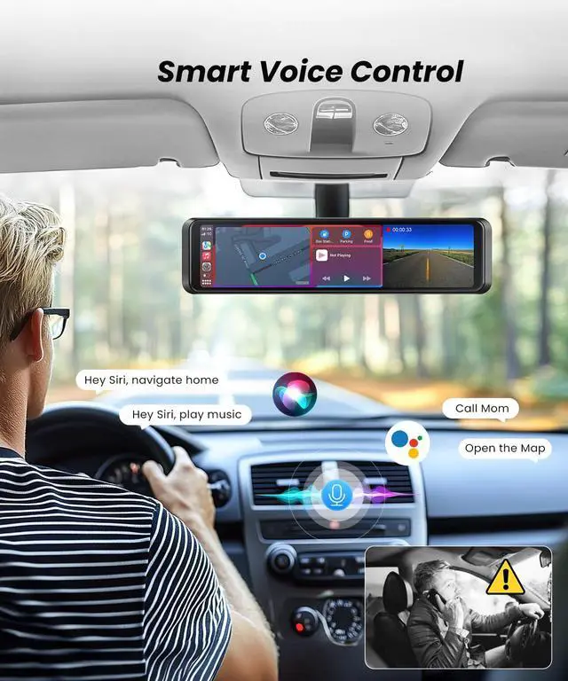 Alt view image 4 of 6 - 4K Rear View Mirror Camera with Carplay & Android Auto: 11.26" Smart Touch Screen Mirror Dash Cam Front and Rear with Voice Control, Parking Monitor, Reverse Assist for Car Truck SUV Van (64GB Card)