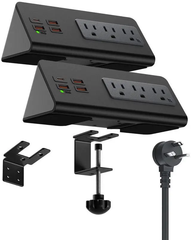 Main image of Power charge station edge clamp mount with USB-C portsTabletop Surge Protector Desk Clamp Power Sockets with 3 AC Outlets and 4 Fast Charging USB Ports for Home Office Hotel and Dormitory (Black-2pcs)