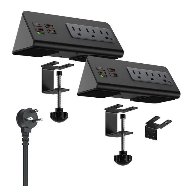 Alt view image 2 of 6 - Power charge station edge clamp mount with USB-C portsTabletop Surge Protector Desk Clamp Power Sockets with 3 AC Outlets and 4 Fast Charging USB Ports for Home Office Hotel and Dormitory (Black-2pcs)