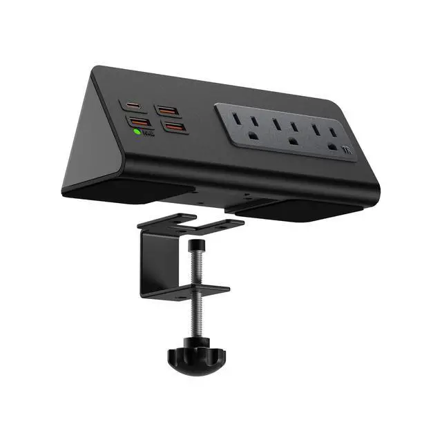 Alt view image 3 of 6 - Power charge station edge clamp mount with USB-C portsTabletop Surge Protector Desk Clamp Power Sockets with 3 AC Outlets and 4 Fast Charging USB Ports for Home Office Hotel and Dormitory (Black-2pcs)