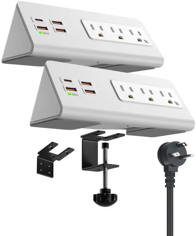 Main image of Power charge station edge clamp mount with USB-C portsTabletop Surge Protector Desk Clamp Power Sockets with 3 AC Outlets and 4 Fast Charging USB Ports for Home Office Hotel and Dormitory (White-2pcs)