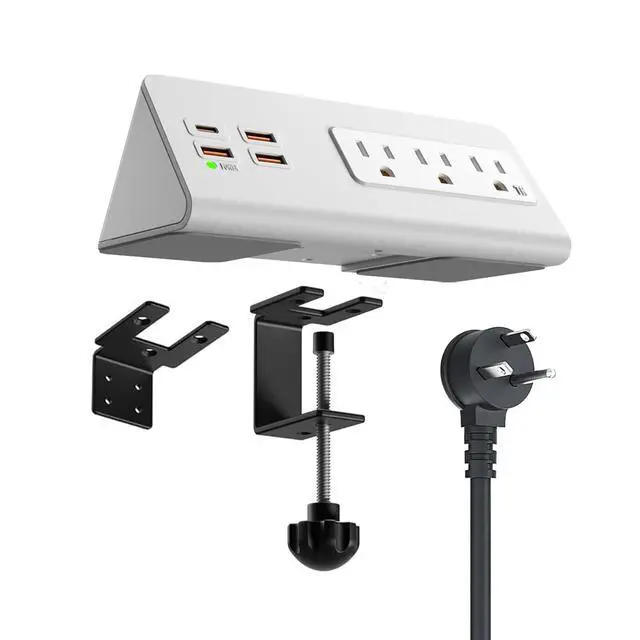 Alt view image 2 of 6 - Power charge station edge clamp mount with USB-C portsTabletop Surge Protector Desk Clamp Power Sockets with 3 AC Outlets and 4 Fast Charging USB Ports for Home Office Hotel and Dormitory (White-2pcs)