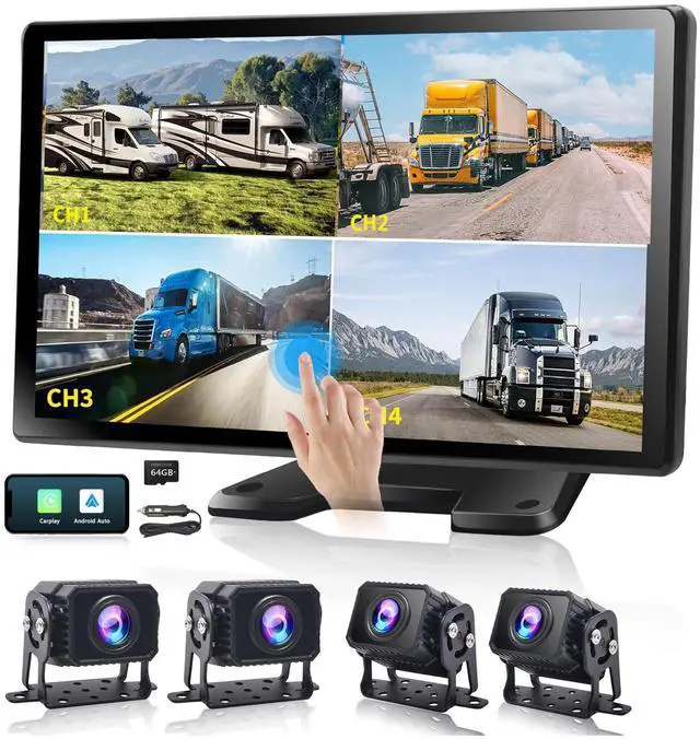 Main image of Semi Truck Camera System with 10.36Touch Monitor, 4 Channel 1080P Backup Camera Dash Cam with Wireless Carplay Android Auto, 360°Camera System for Truck, Trailer, Bus, 24H Parking Monitoring