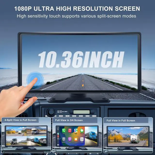 Alt view image 2 of 6 - Semi Truck Camera System with 10.36Touch Monitor, 4 Channel 1080P Backup Camera Dash Cam with Wireless Carplay Android Auto, 360°Camera System for Truck, Trailer, Bus, 24H Parking Monitoring