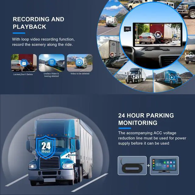 Alt view image 5 of 6 - Semi Truck Camera System with 10.36Touch Monitor, 4 Channel 1080P Backup Camera Dash Cam with Wireless Carplay Android Auto, 360°Camera System for Truck, Trailer, Bus, 24H Parking Monitoring