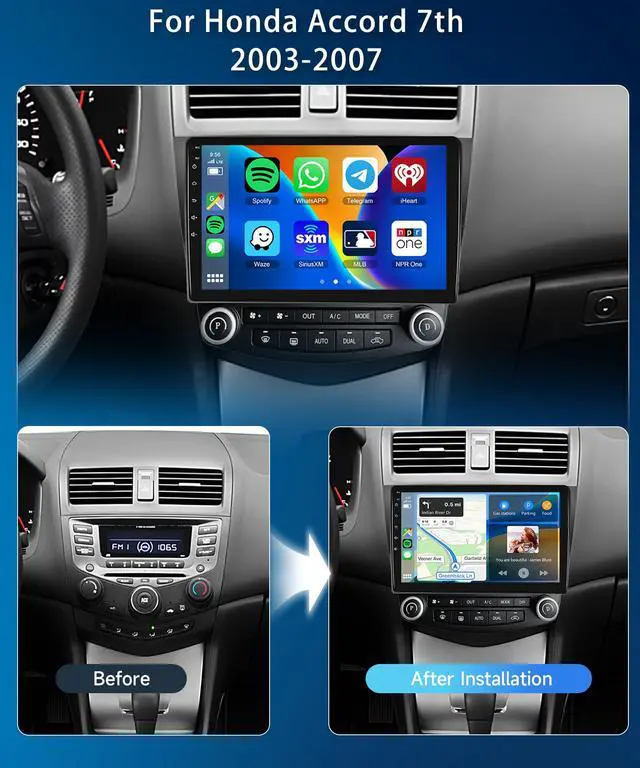 Alt view image 2 of 6 - 2+64G for Honda Accord 7th 2003 2004 2005 2006 2007 Wireless Carplay/Android Auto,Android Car Radio Stereo 10.1 Inch Touch Screen GPS Navi WiFi Bluetooth FM/RDS Mirror Link SWC Backup Camera