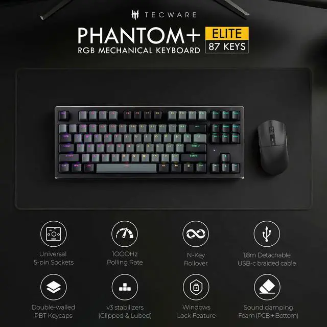 Alt view image 2 of 6 - Phantom+ Elite 87 Key RGB Mechanical Gaming Keyboard | 3 Mode Wireless Bluetooth 5.0 2.4GHz & USB C Wired | Hot Swappable 5 Pin | Double Shot PBT Keycaps | Wraith Orange Switch - Black