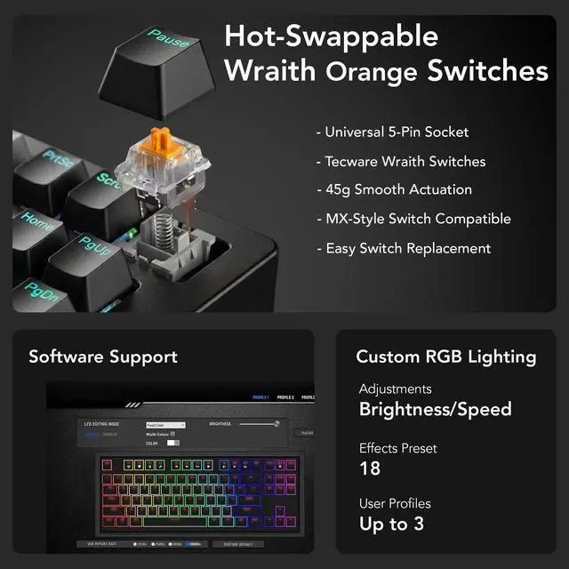 Alt view image 5 of 6 - Phantom+ Elite 87 Key RGB Mechanical Gaming Keyboard | 3 Mode Wireless Bluetooth 5.0 2.4GHz & USB C Wired | Hot Swappable 5 Pin | Double Shot PBT Keycaps | Wraith Orange Switch - Black