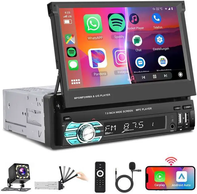 Main image of Wireless Carplay Single Din Car Stereo 7 Inch HD Flip Out Touchscreen Car Radio with Wireless Car Play Android Auto,Bluetooth,Type-C/USB/TF/AUX,SWC,FM,Voice Control,Backup Camera