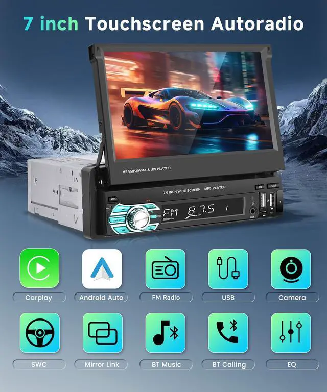 Alt view image 2 of 6 - Wireless Carplay Single Din Car Stereo 7 Inch HD Flip Out Touchscreen Car Radio with Wireless Car Play Android Auto,Bluetooth,Type-C/USB/TF/AUX,SWC,FM,Voice Control,Backup Camera