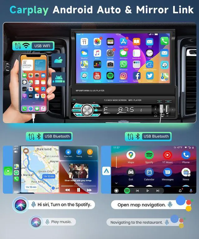 Alt view image 3 of 6 - Wireless Carplay Single Din Car Stereo 7 Inch HD Flip Out Touchscreen Car Radio with Wireless Car Play Android Auto,Bluetooth,Type-C/USB/TF/AUX,SWC,FM,Voice Control,Backup Camera
