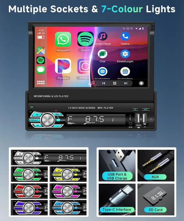 Alt view image 4 of 6 - Wireless Carplay Single Din Car Stereo 7 Inch HD Flip Out Touchscreen Car Radio with Wireless Car Play Android Auto,Bluetooth,Type-C/USB/TF/AUX,SWC,FM,Voice Control,Backup Camera