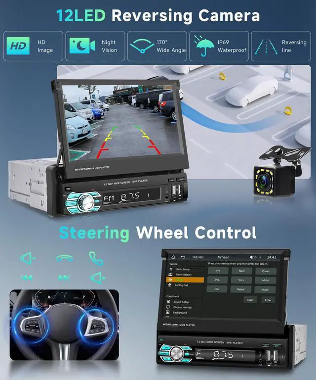 Alt view image 5 of 6 - Wireless Carplay Single Din Car Stereo 7 Inch HD Flip Out Touchscreen Car Radio with Wireless Car Play Android Auto,Bluetooth,Type-C/USB/TF/AUX,SWC,FM,Voice Control,Backup Camera