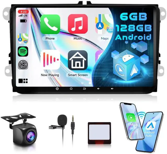 Main image of 8 Core 6+128G Android Car Stereo for VW Passat Jetta Tiguan Golf MK5 MK6 T5 EOS Polo Wireless Carplay Android Auto, 9'' Touchscreen Radio with Bluetooth GPS Mirror Link WiFi FM EQ Backup Camera SWC