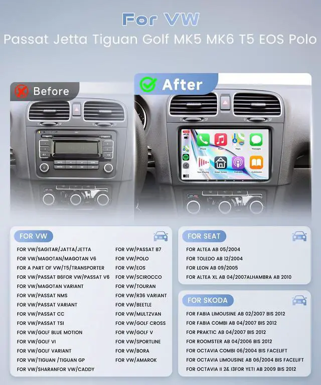 Alt view image 6 of 6 - 8 Core 6+128G Android Car Stereo for VW Passat Jetta Tiguan Golf MK5 MK6 T5 EOS Polo Wireless Carplay Android Auto, 9'' Touchscreen Radio with Bluetooth GPS Mirror Link WiFi FM EQ Backup Camera SWC