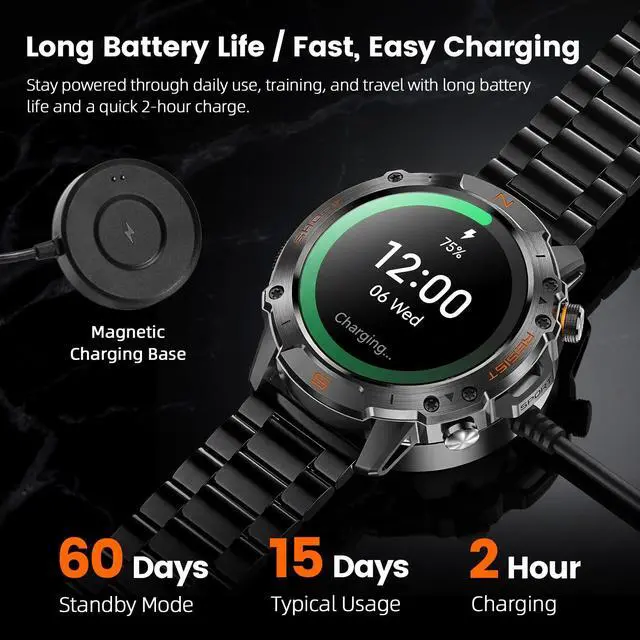 Alt view image 3 of 6 - Smart Watch for Men, Rugged Tactical Fitness Tracker with 1.43" AMOLED Display, Bluetooth Calls, 5ATM Waterproof, 170+ Sports, SpO2/Heart Rate Monitor, 2 Bands, iPhone/Android Compatible