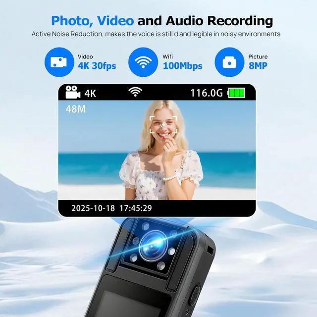 Alt view image 2 of 6 - Body Camera with Audio & Video Recording, 128GB Included, Mini Wearable Body Cam with WiFi, Night Vision, 180° Rotating Lens, 6Hr Battery, Small Personal Security Camera with Carry Case