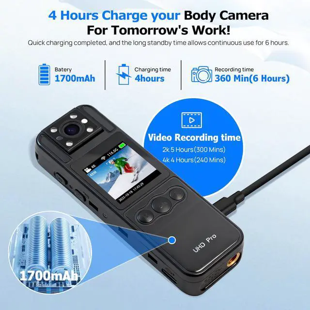 Alt view image 6 of 6 - Body Camera with Audio & Video Recording, 128GB Included, Mini Wearable Body Cam with WiFi, Night Vision, 180° Rotating Lens, 6Hr Battery, Small Personal Security Camera with Carry Case