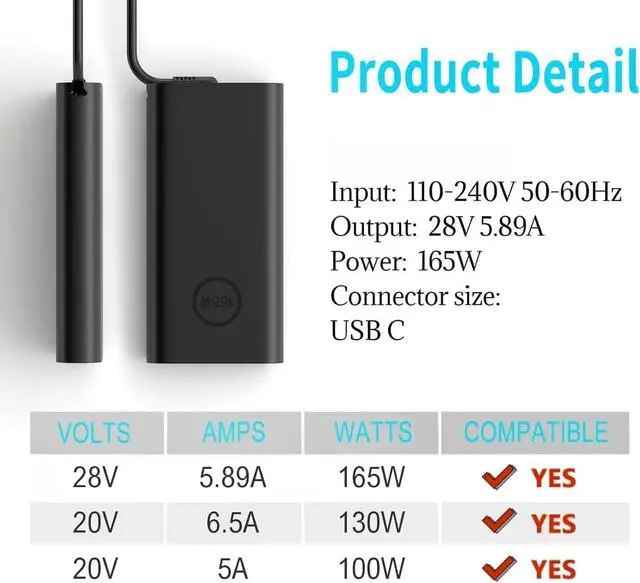 Alt view image 3 of 6 - New 165W GAN USB Type C Laptop Charger Compatible with Precision 5690 5680 3581 3580 Pro Max 16 18 9840 Plus MA16250 MB16250 XPS 17 9730 9720 M9TG5 DA165PM210 HA165PM210 Contains Power Protection Bag