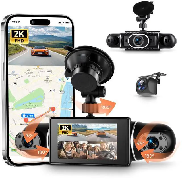 Main image of 2K Dash Cam 360° View 4 Channel Front and Rear Dash Camera for Cars, 3x1080P, Left Right Dash Camera for Cars, 8 IR Lamps Night Vision, WiFi & APP Control, G-Sensor, 24H Parking Mode